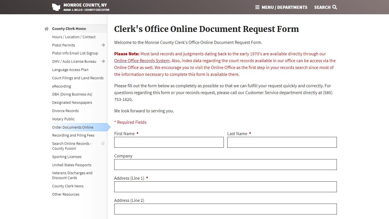 Monroe County, NY - Clerk's Office Online Document Request Form